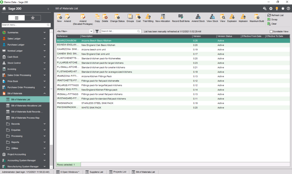 Bill of Materials in Sage 200 Professional