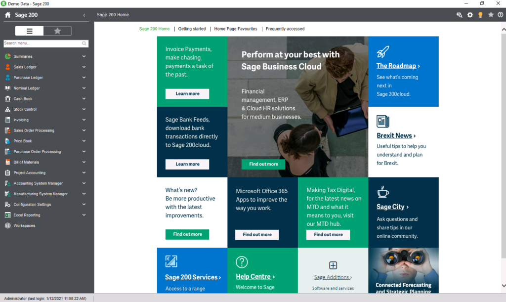 View of the homepage in Sage 200 Professional