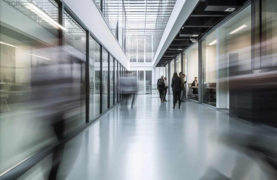 Busy office  and commercial floor, people walking on a busy office floor, motion blurr